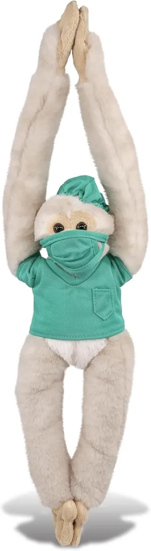 DolliBu Long Arm Hanging White Squirrel Monkey Doctor Plush Toy - Super Soft Monkey Doctor Stuffed Animal with Scrub Uniform and Cap Outfit - Plush with Personalization - 21 Inch