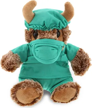 DolliBu Sitting Buffalo Doctor Plush Toy - Super Soft Buffalo Doctor Stuffed Animal Dress Up with Cute Scrub Uniform & Cap Outfit - Gift with Personalization - 8.5" Inches
