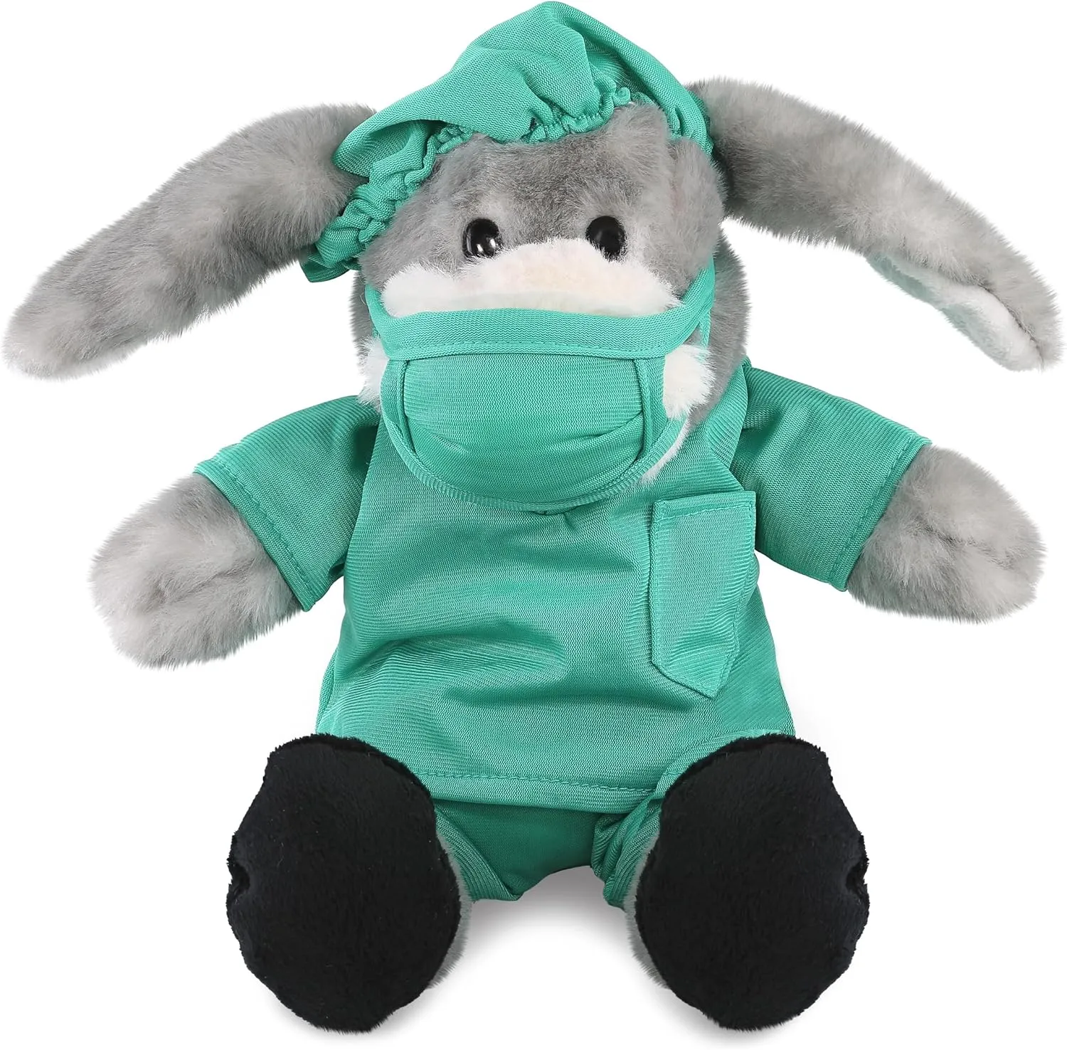 DolliBu Sitting Grey Donkey Doctor Plush Toy - Super Soft Donkey Doctor Stuffed Animal Dress Up with Cute Scrub Uniform and Cap Outfit - Plush Gift with Personalization - 9 Inches