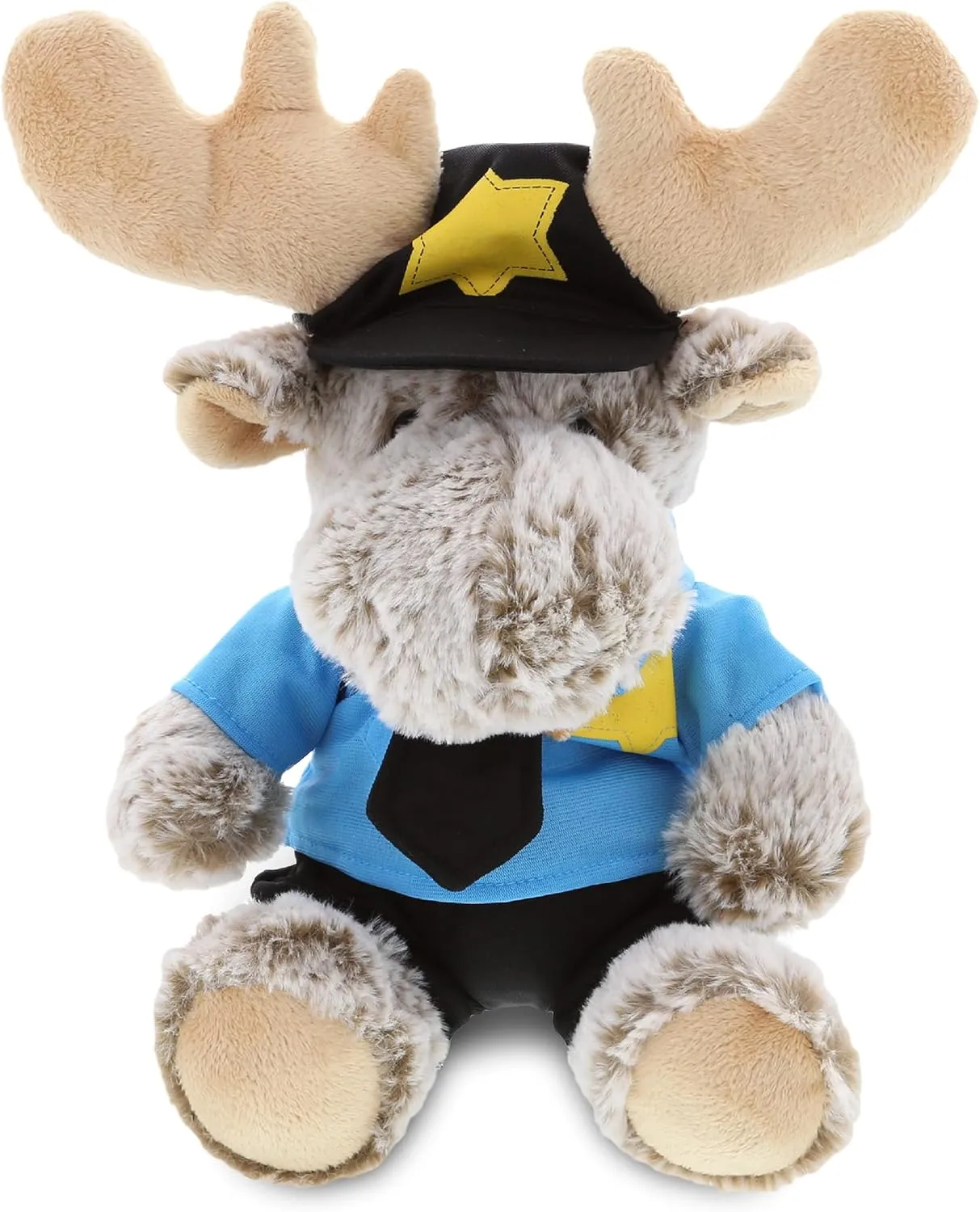 DolliBu Sitting Moose Police Officer Plush Toy - Super Soft Grey Moose Cop Stuffed Animal Dress Up with Cute Cop Uniform & Cap Outfit - Gift with Personalization - 11 Inch