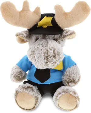 DolliBu Sitting Moose Police Officer Plush Toy - Super Soft Grey Moose Cop Stuffed Animal Dress Up with Cute Cop Uniform & Cap Outfit - Gift with Personalization - 11 Inch