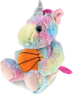 DolliBu Sitting Rainbow Unicorn Stuffed Animal with Basketball Plush - Huggable Unicorn, Playtime Plush Toy, Cute Fantasy Gift for Kids and Adults - 10 Inches