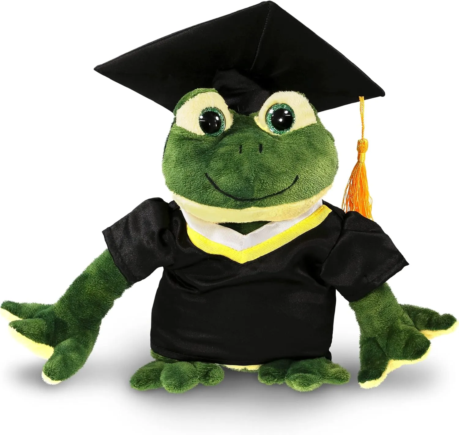 DolliBu Squat Frog Graduation Plush Toy - Super Soft Graduation Stuffed Animal Dress Up with Gown and Cap with Tassel Outfit with Personalization - 10.5 Inches