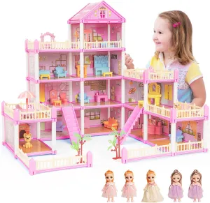 Dolls House for Girls, DIY Pink Dollshouses Toy Dollhouse Rooms Playset with Dolls Figure, Puppies,and Furniture & Accessories, Toy Playhouse Gifts for Kids 3 4 5 6 7 8 9  Year Old