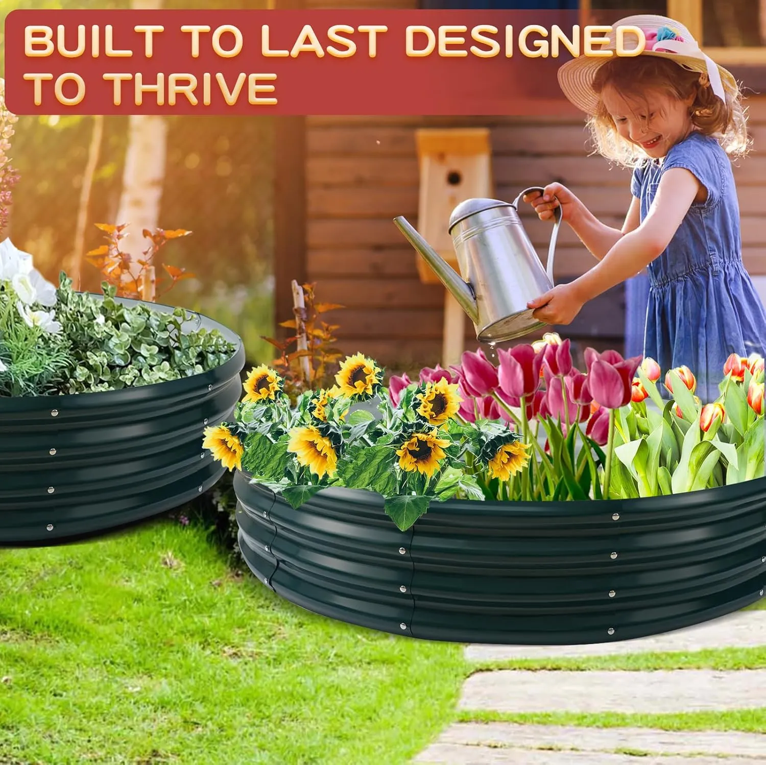 Durable Round Steel Raised Garden Bed Painted for Planting Vegetable/Herbs/Flowers/Trees at Backyard/Garden,or Baby Chicken,Christmas Tree Fence (Dark Green, 60 in Diameter x 12 in high)