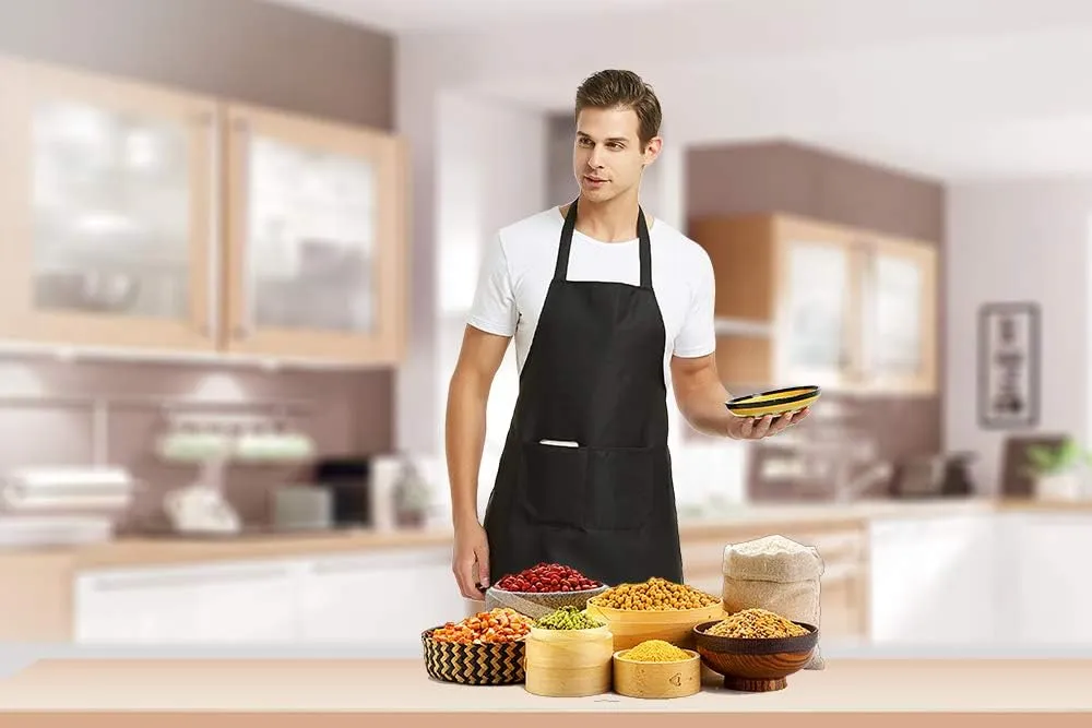 DUSKCOVE 8 Pack Bib Aprons Bulk - Unisex Black Commercial Apron with 2 Pockets for Kitchen Crafting BBQ Drawing Cooking