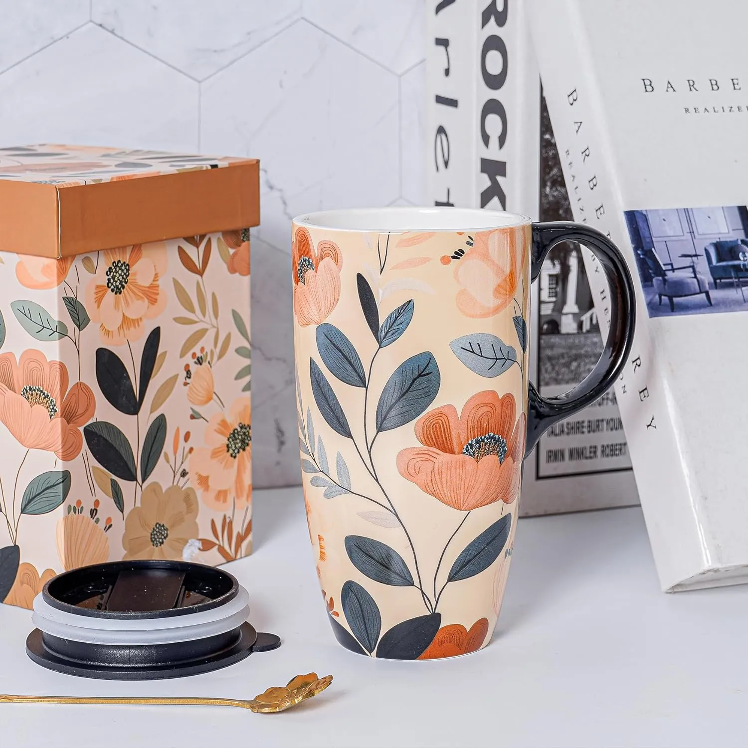 DUSVALLY Ceramic Coffee Cup Coffee Mug for Office and Home, Unique Painted with mug, Flower Mug,17oz.Large Cups,Flowers,Gifts for Mom