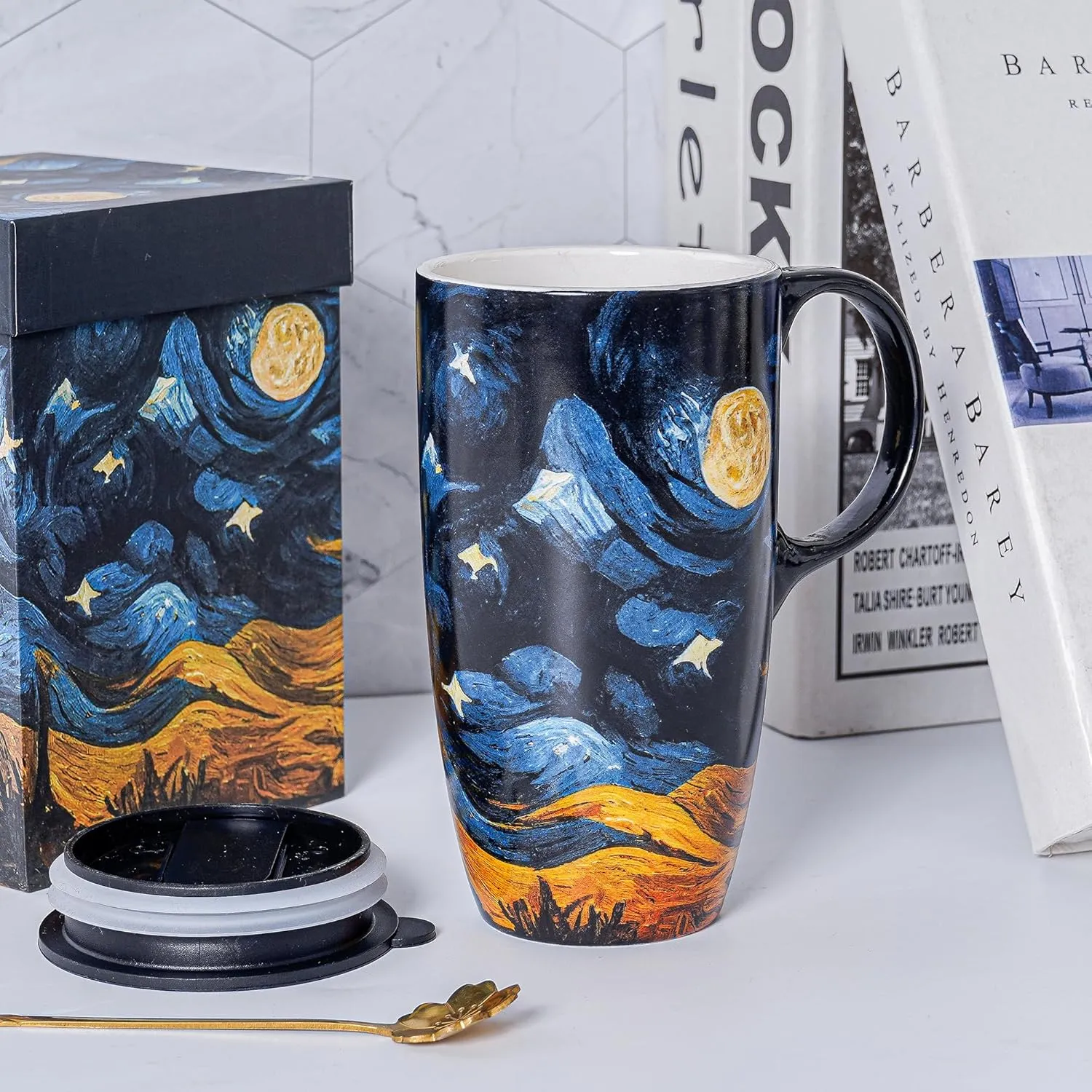 DUSVALLY Ceramic Coffee Cup Coffee Mug for Office and Home, Unique Painted with mug, Flower Mug,17oz.Large Cups,Moon Night,Gifts for Mom