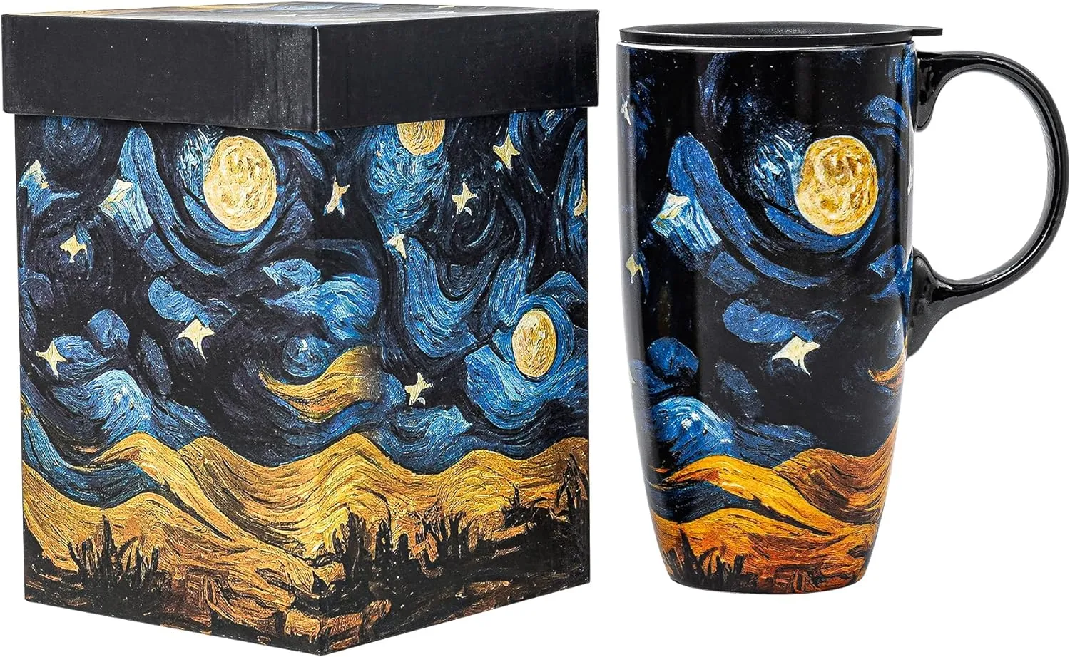 DUSVALLY Ceramic Coffee Cup Coffee Mug for Office and Home, Unique Painted with mug, Flower Mug,17oz.Large Cups,Moon Night,Gifts for Mom