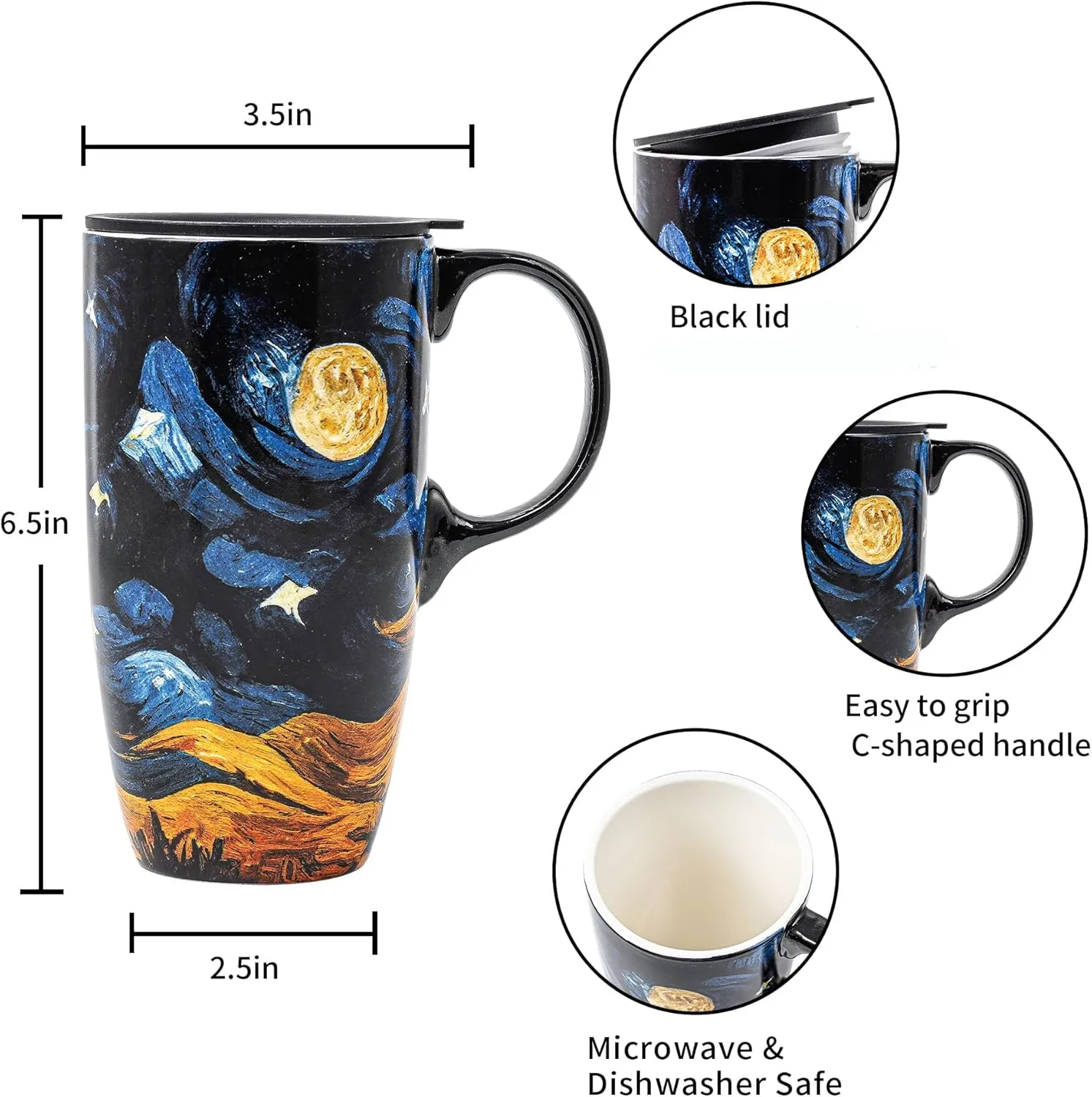 DUSVALLY Ceramic Coffee Cup Coffee Mug for Office and Home, Unique Painted with mug, Flower Mug,17oz.Large Cups,Moon Night,Gifts for Mom