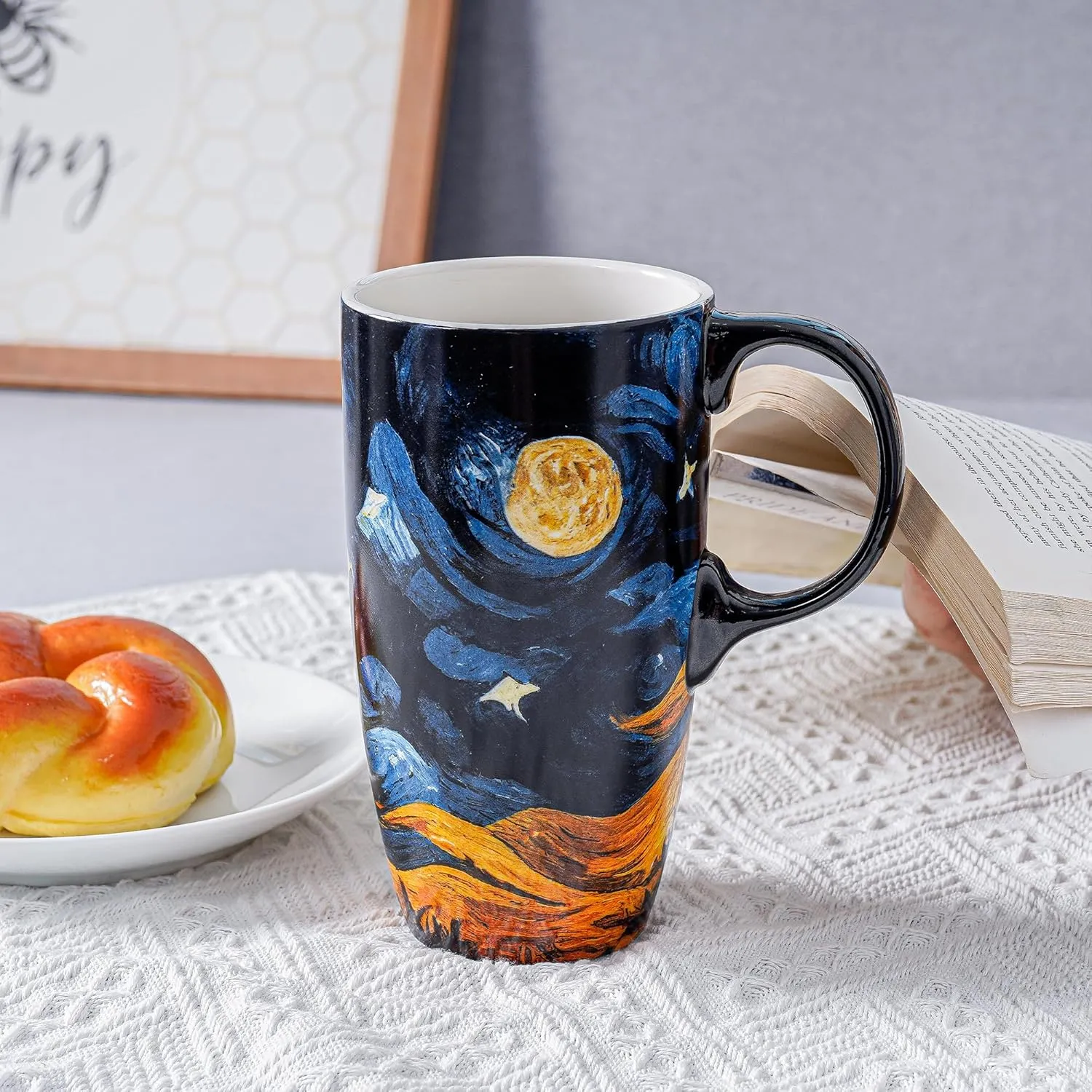 DUSVALLY Ceramic Coffee Cup Coffee Mug for Office and Home, Unique Painted with mug, Flower Mug,17oz.Large Cups,Moon Night,Gifts for Mom