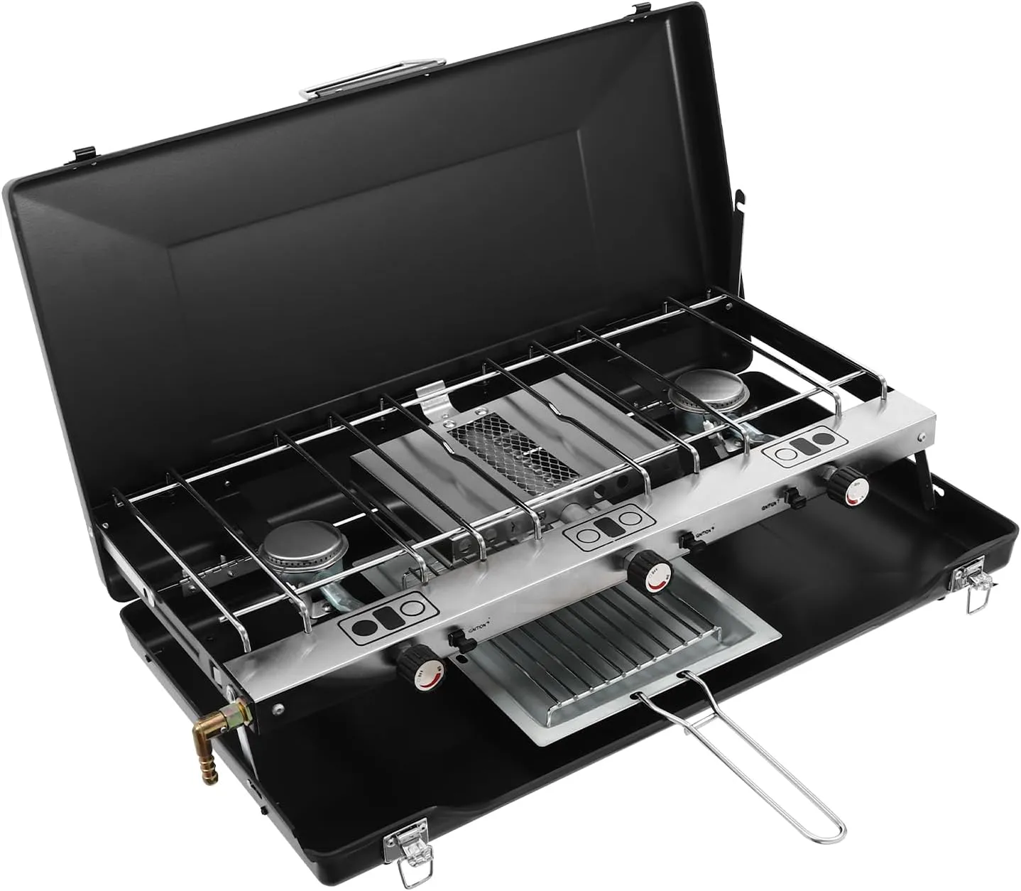 DYRABREST Foldable 3-Burner Camping Stove with Removable Grid 4.5kW Portable Gas Grill Lightweight Gas Stove with Wind-Resistant Lid for Outdoor Cooking, Picnics, and Hiking