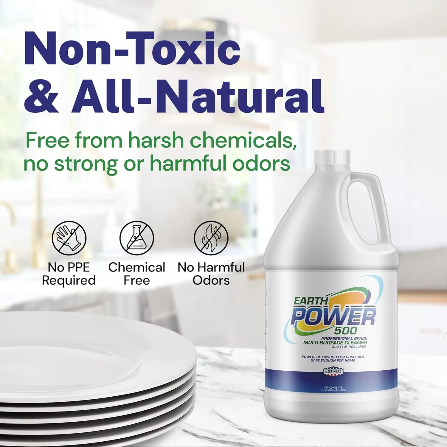 Earth Power Hypochlorous Acid 500 PPM Multipurpose Cleaner, One-Step Cleaning Solution, Industry & House Cleaner For Everyday Use, Food Safe, Kids & Pet Safe Cleaning Products, 1 Gallon 500