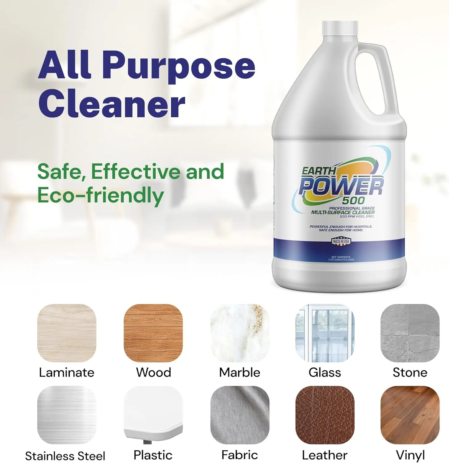 Earth Power Hypochlorous Acid 500 PPM Multipurpose Cleaner, One-Step Cleaning Solution, Industry & House Cleaner For Everyday Use, Food Safe, Kids & Pet Safe Cleaning Products, 1 Gallon 500