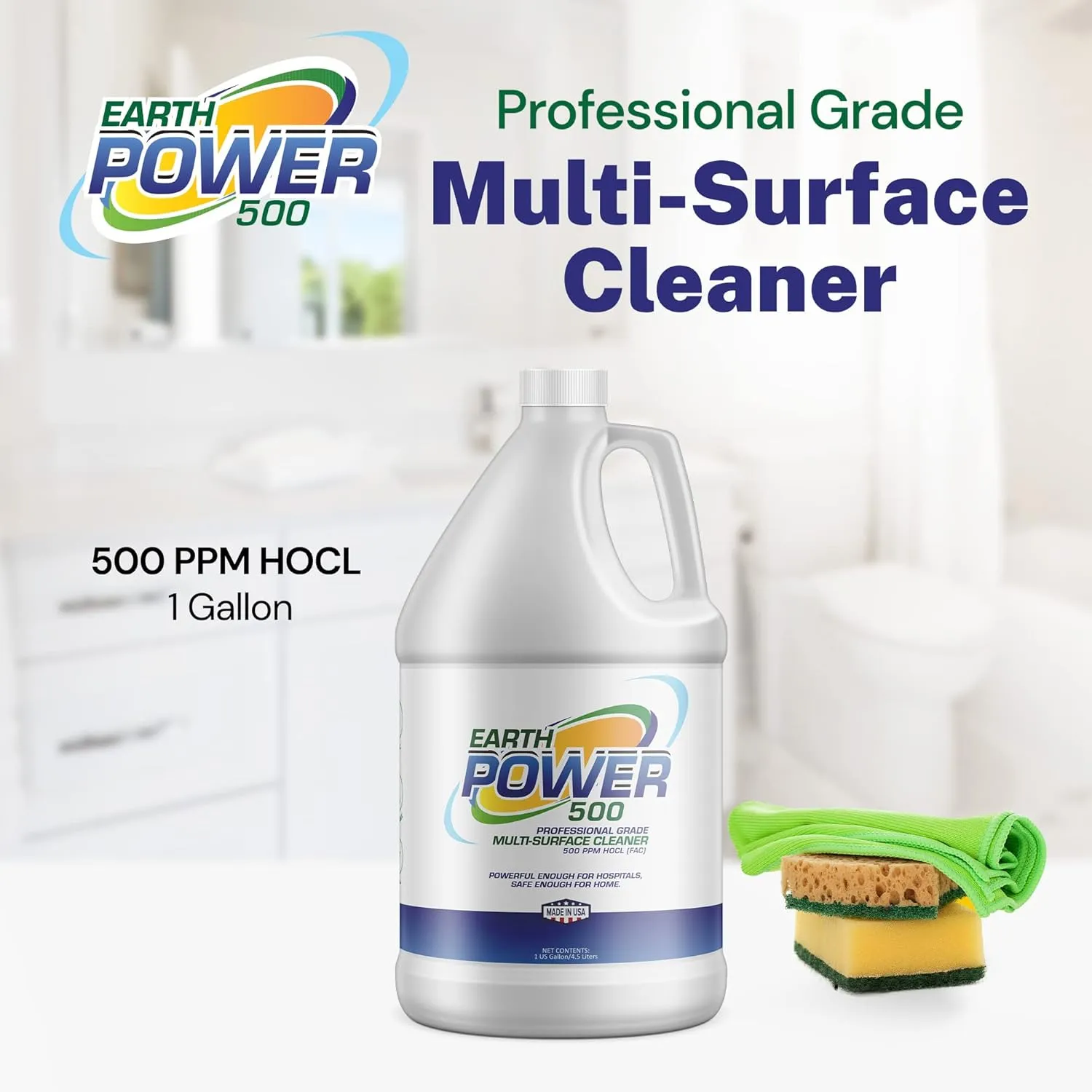 Earth Power Hypochlorous Acid 500 PPM Multipurpose Cleaner, One-Step Cleaning Solution, Industry & House Cleaner For Everyday Use, Food Safe, Kids & Pet Safe Cleaning Products, 1 Gallon 500