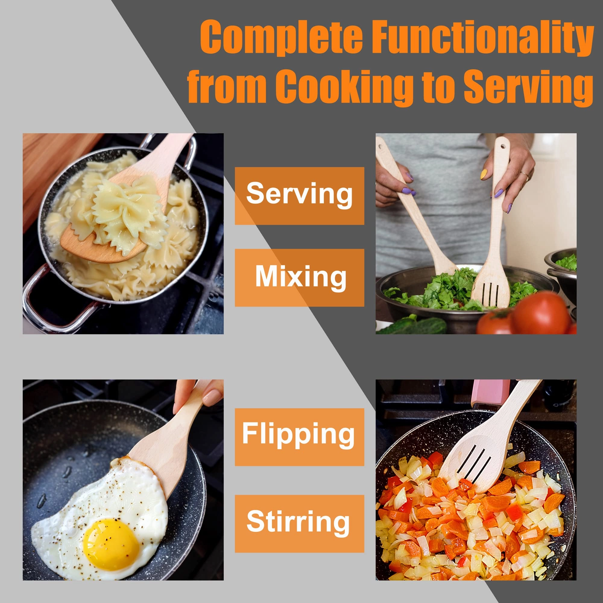ECOSALL Healthy Wooden Spoons For Cooking Set of 6. Safe and Reliable Cooking Utensils for Kitchen – 100% Natural Nonstick Wood Spatula Spoon For