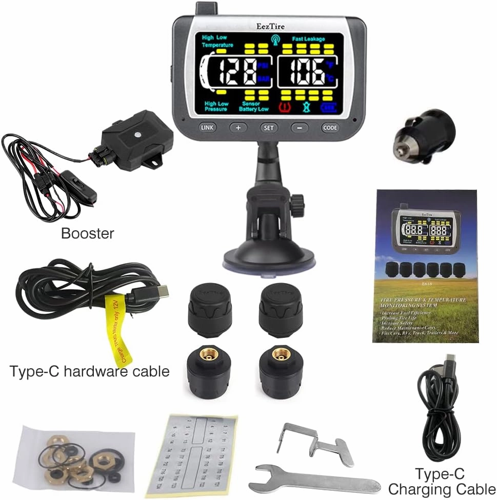 EEZ RV Products EEZTire - Real Time/24x7 Tire Pressure Monitoring System - Color Monitor   4 at Sensors   Free Booster System (TPMS4ATB)