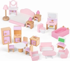 EINSTEM Wooden Dollhouse Furniture Set 4 Rooms, 22 Pcs Pink Dollhouse Accessories - Pretend Play Furniture Toys Birthday Gifts for 3  Year Old Kids Girls