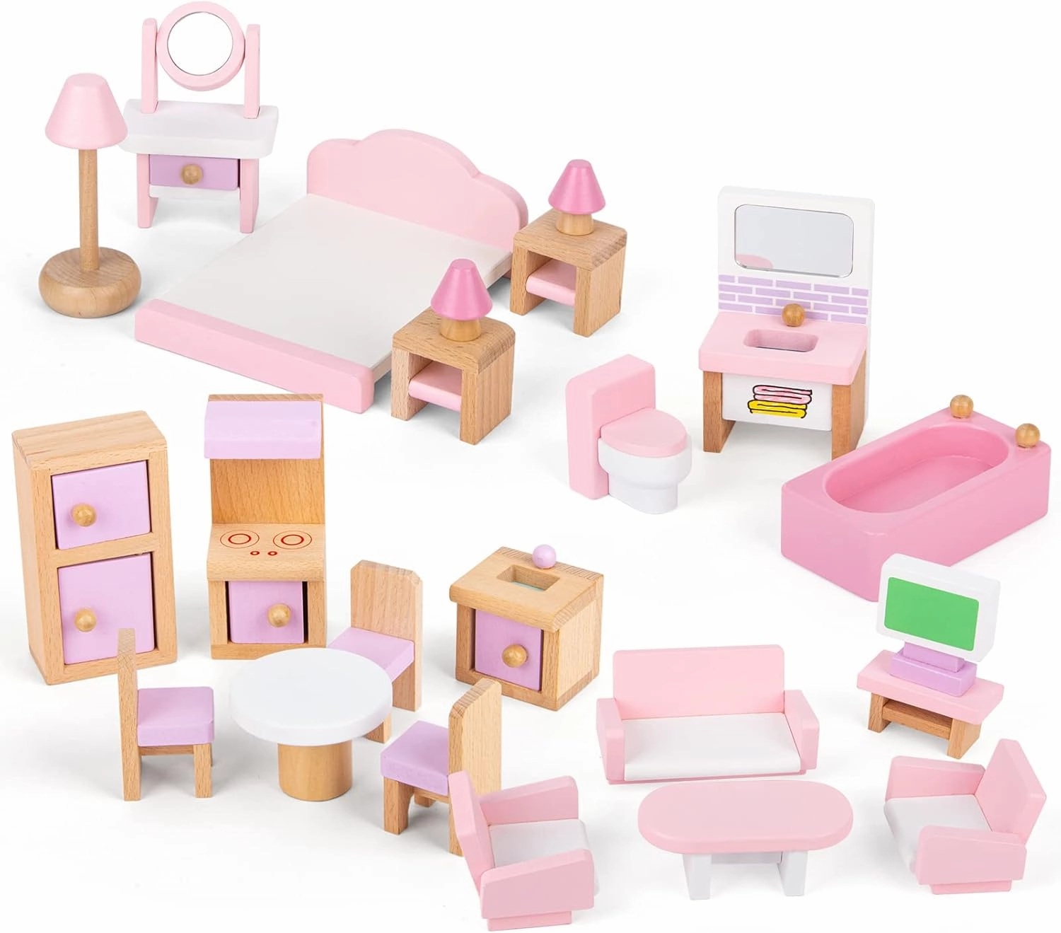 EINSTEM Wooden Dollhouse Furniture Set 4 Rooms, 22 Pcs Pink Dollhouse Accessories - Pretend Play Furniture Toys Birthday Gifts for 3  Year Old Kids Girls