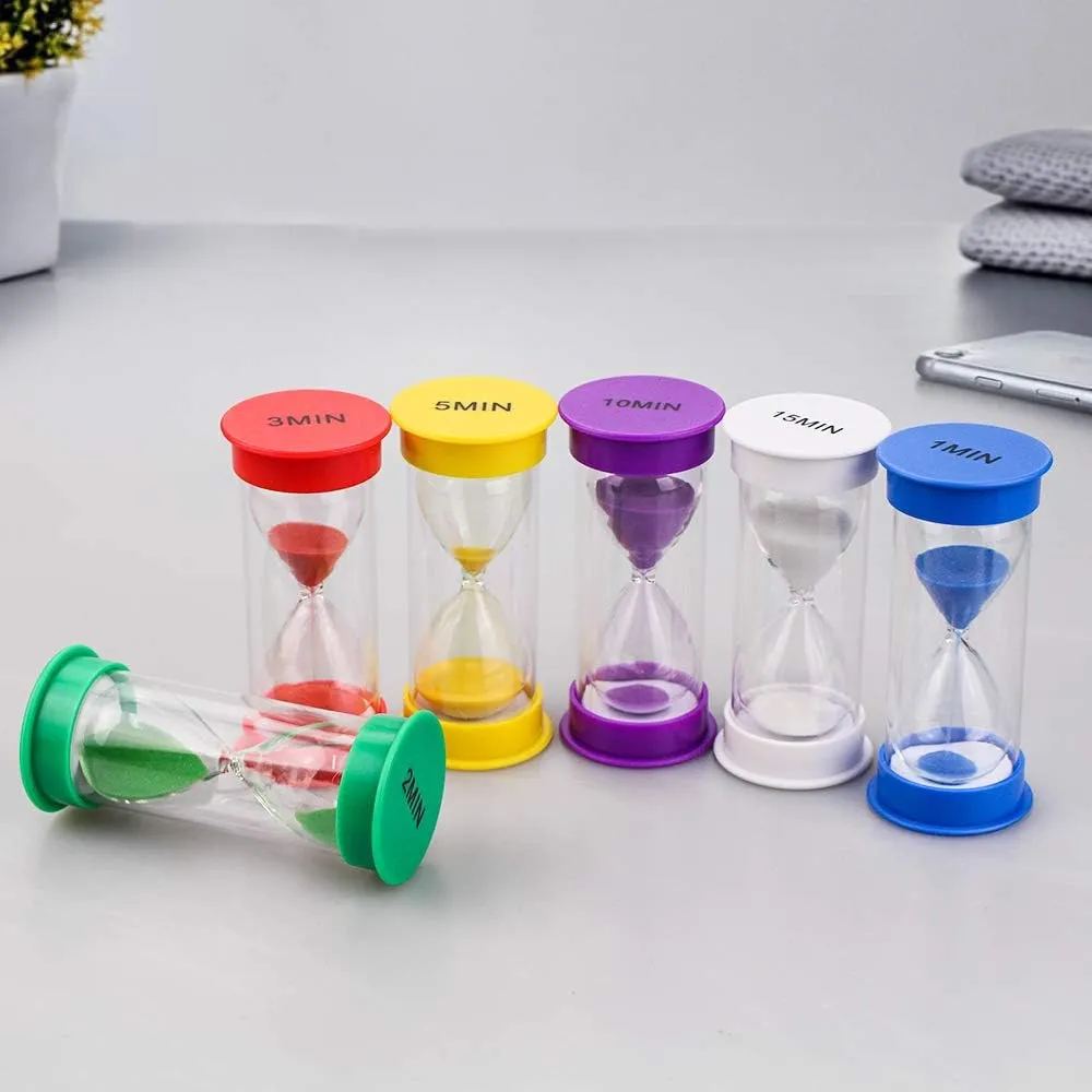 EMDMAK Sand Timer - Acrylic Hourglass Timer in Colorful Designs - 1/2/3/5/10/15 Min Sand Clocks for Games, Classroom, Home, Office (Pack of 6)