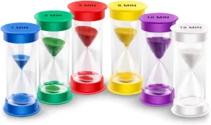 EMDMAK Sand Timer - Acrylic Hourglass Timer in Colorful Designs - 1/2/3/5/10/15 Min Sand Clocks for Games, Classroom, Home, Office (Pack of 6)