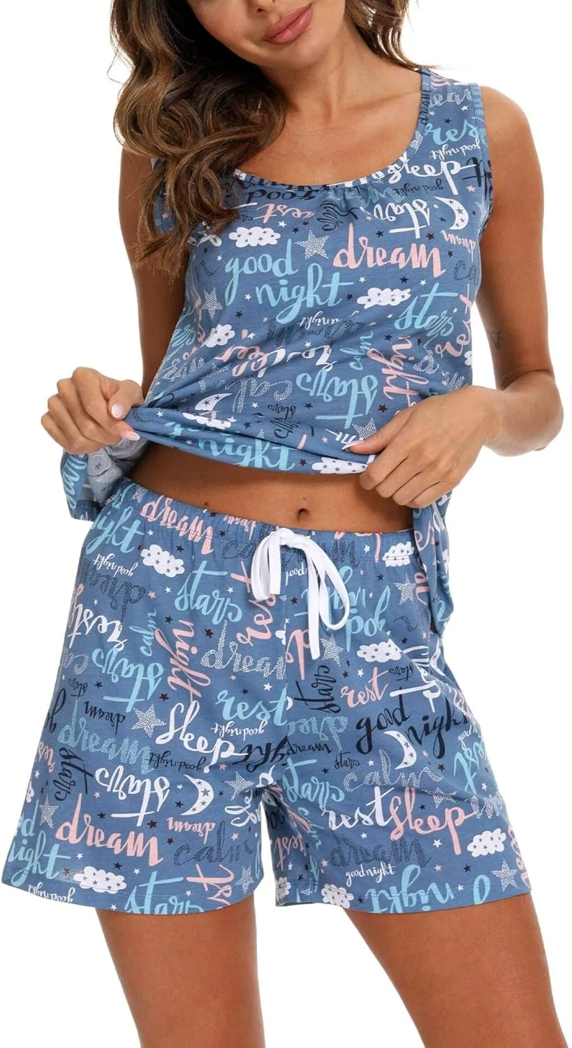 ENJOYNIGHT Womens Pajamas Set Cotton Summer Sleep Tank and Shorts Pjs Sleeveless Sleepwear
