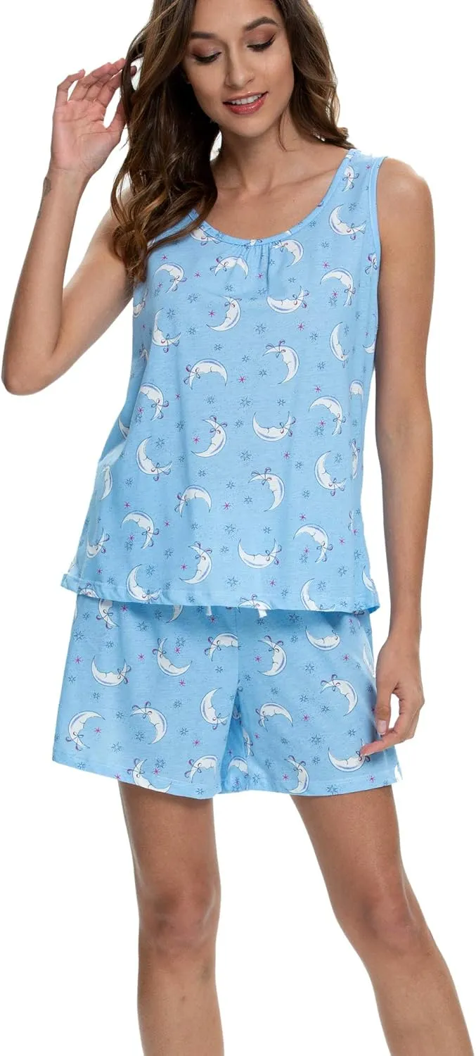 ENJOYNIGHT Womens Pajamas Set Cotton Summer Sleep Tank and Shorts Pjs Sleeveless Sleepwear