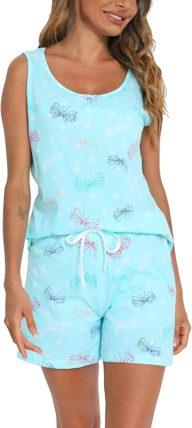 ENJOYNIGHT Womens Pajamas Set Cotton Summer Sleep Tank and Shorts Pjs Sleeveless Sleepwear
