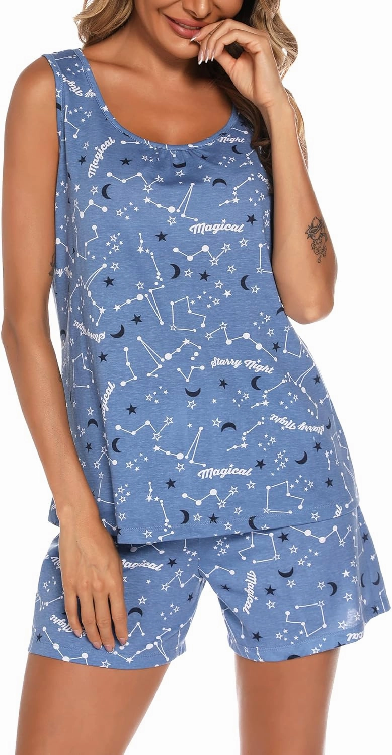ENJOYNIGHT Womens Pajamas Set Cotton Summer Sleep Tank and Shorts Pjs Sleeveless Sleepwear