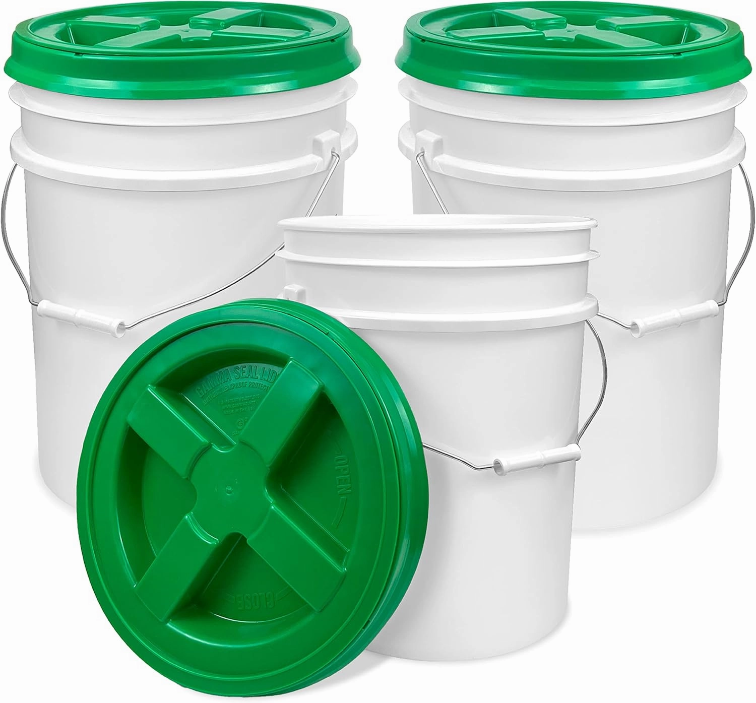 ePackageSupply 5 Gallon White Bucket with Green Gamma Seal Screw on Airtight Lid | Made in USA | Food Grade | Heavy-Duty HPDE Plastic | Durable 90 Mil Pail | Easy Stack and Store | BPA Free (3 Count)