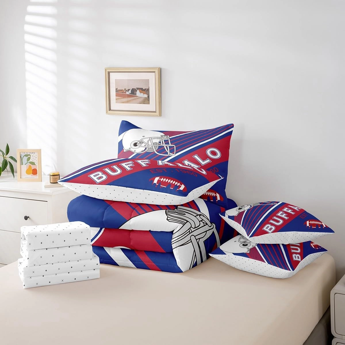 Erosebridal 7Pcs American Football City Bedding Set Full Size Bed in A Bag, 3D Sports Bedroom Comforter, 1 Comforter   Flat Sheet   Fitted Sheet   2 Pillowcases   2 Throw Pillow Covers, Buffalo
