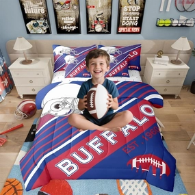 Erosebridal 7Pcs American Football City Bedding Set Full Size Bed in A Bag, 3D Sports Bedroom Comforter, 1 Comforter   Flat Sheet   Fitted Sheet   2 Pillowcases   2 Throw Pillow Covers, Buffalo