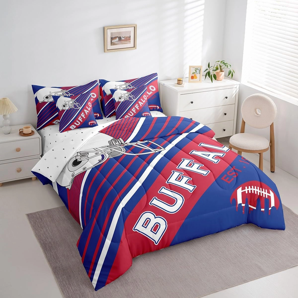 Erosebridal 7Pcs American Football City Bedding Set Full Size Bed in A Bag, 3D Sports Bedroom Comforter, 1 Comforter   Flat Sheet   Fitted Sheet   2 Pillowcases   2 Throw Pillow Covers, Buffalo