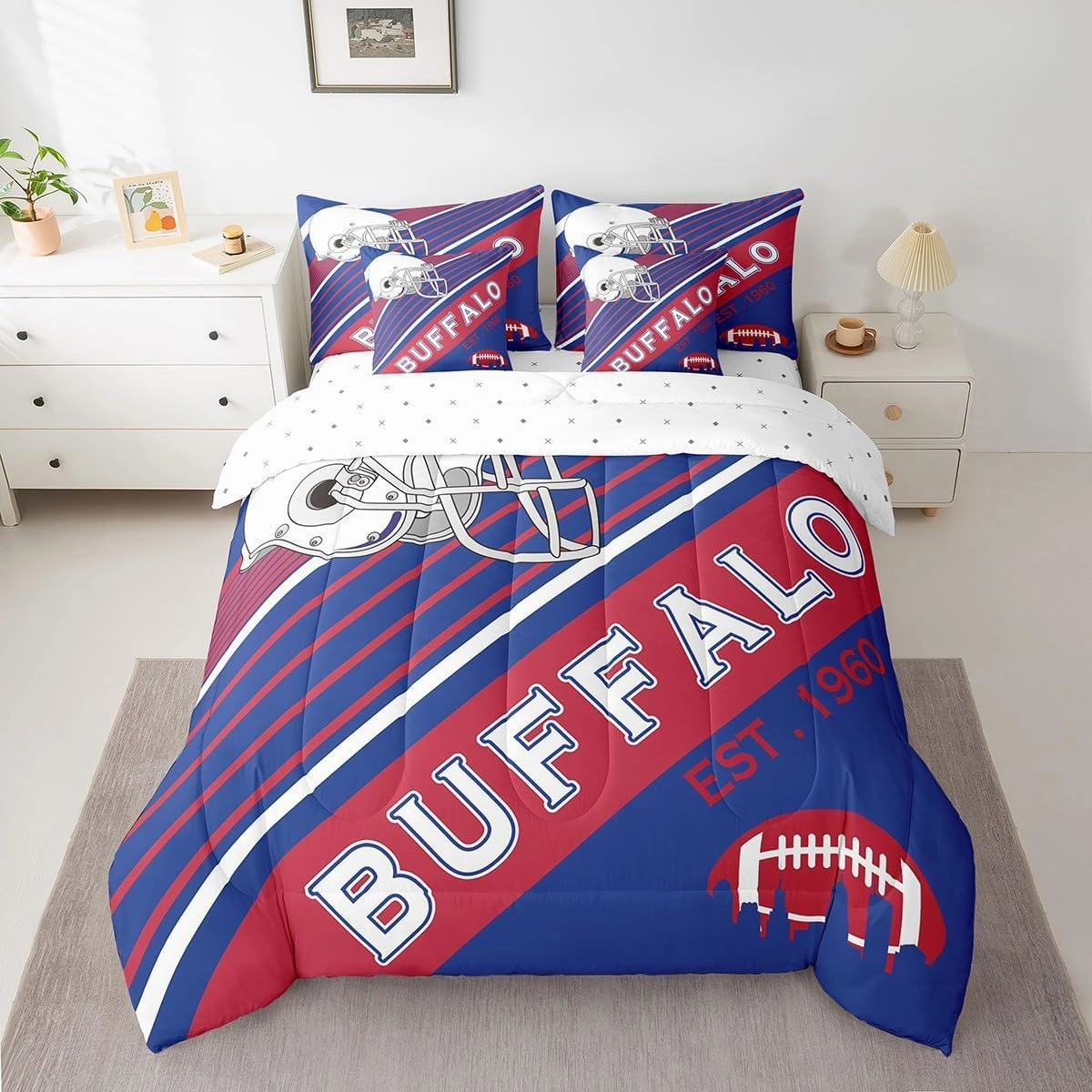 Erosebridal 7Pcs American Football City Bedding Set Full Size Bed in A Bag, 3D Sports Bedroom Comforter, 1 Comforter   Flat Sheet   Fitted Sheet   2 Pillowcases   2 Throw Pillow Covers, Buffalo