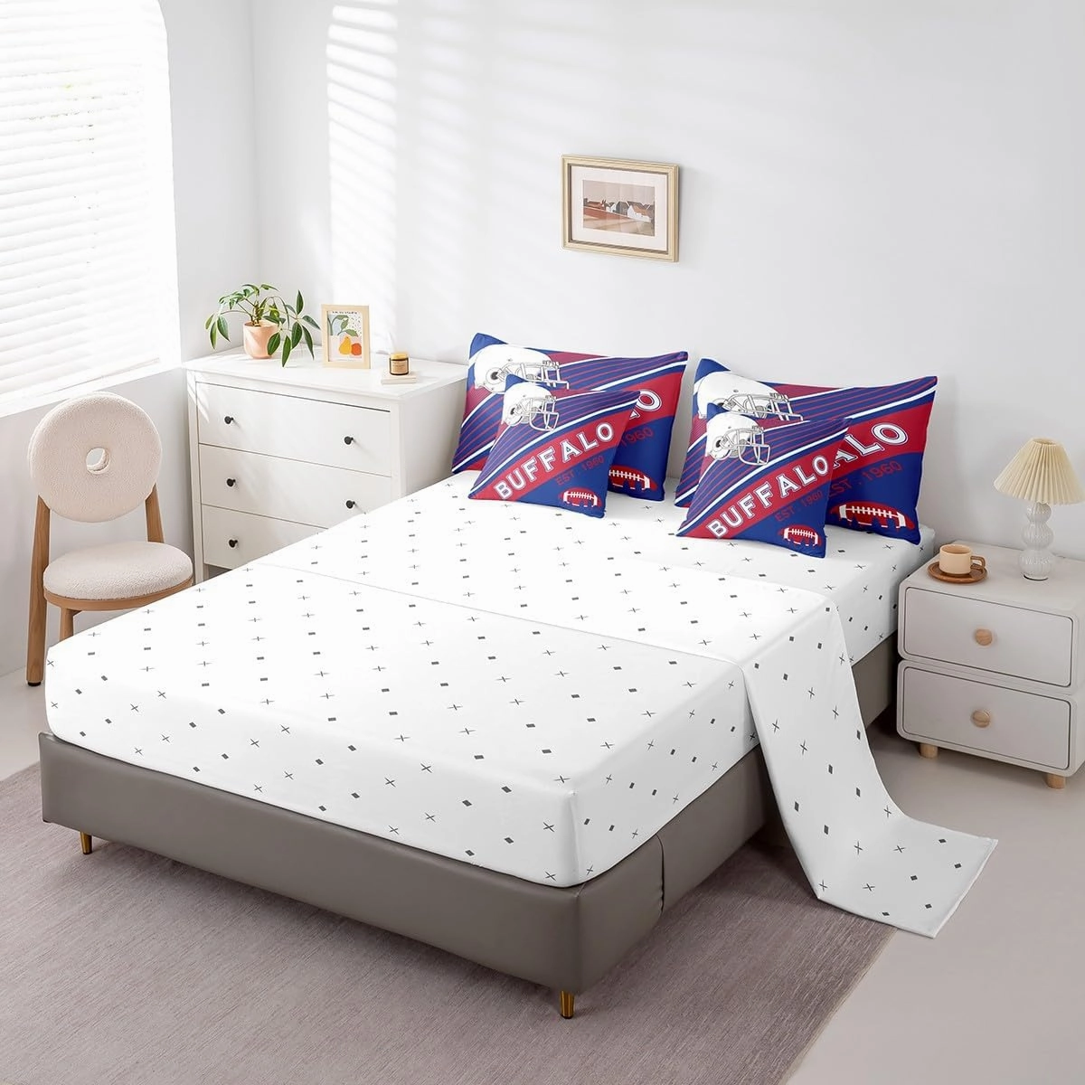 Erosebridal 7Pcs American Football City Bedding Set Full Size Bed in A Bag, 3D Sports Bedroom Comforter, 1 Comforter   Flat Sheet   Fitted Sheet   2 Pillowcases   2 Throw Pillow Covers, Buffalo