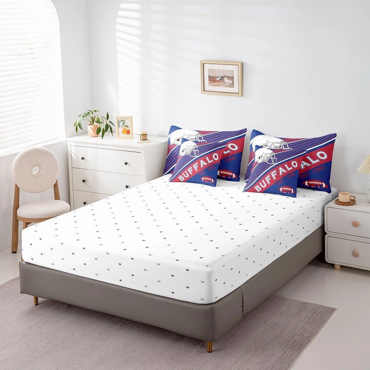 Erosebridal 7Pcs American Football City Bedding Set Full Size Bed in A Bag, 3D Sports Bedroom Comforter, 1 Comforter   Flat Sheet   Fitted Sheet   2 Pillowcases   2 Throw Pillow Covers, Buffalo