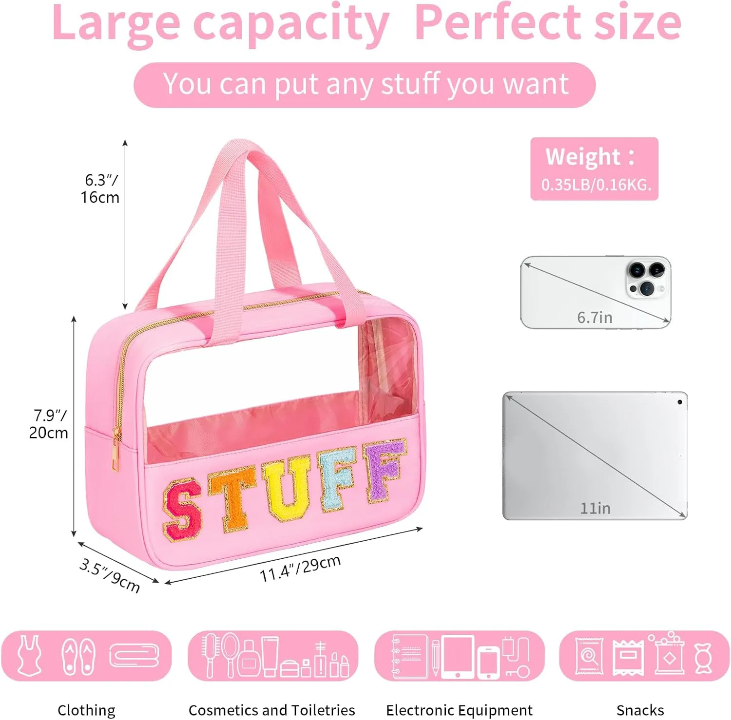 eurovicky Chenille Letter Patch Clear Makeup Bag, Preppy Nylon Makeup Bag with Handle and Zipper, Waterproof Large Clear Travel Toiletry Bag Storage Bag for Women (Sweet Pink-STUFF)