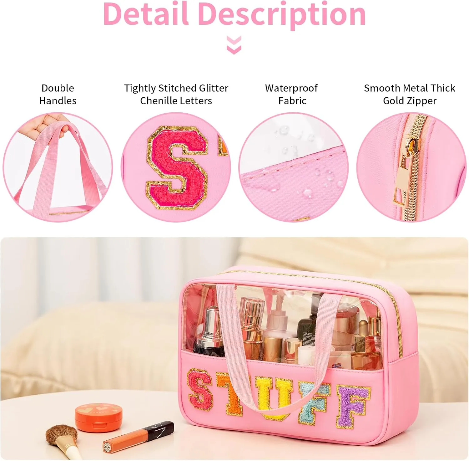 eurovicky Chenille Letter Patch Clear Makeup Bag, Preppy Nylon Makeup Bag with Handle and Zipper, Waterproof Large Clear Travel Toiletry Bag Storage Bag for Women (Sweet Pink-STUFF)