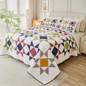 EVENHUG 100% Cotton Real Patchwork Quilt Queen Size Lightweight Bedspread Coverlet Bedding Set Reversible Bed Cover with Pillow Shams for All Seasons 3 Pieces (90"X90")
