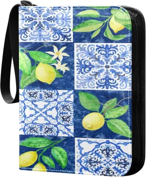Exnundod Seamless Pattern Of Watercolor Painted Blue Mosaic Tiles with Hand Drawn Lemon Fruits and Leaves Fl Trading Card Binder for Cards, Ethnic Card Album 4-Pockets for 400 Cards w