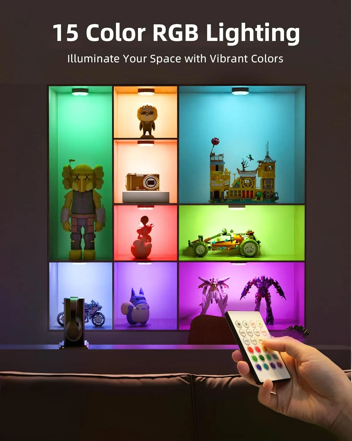 EZVALO Under Cabinet Lighting,1000mAh Rechargeable Puck Lights with Remote,3 Color Temps & 12 RGB Motion Sensor Closet Lights Indoor, Dimmable Under Counter Lights for Kitchen, Shelf Black (6 Packs)