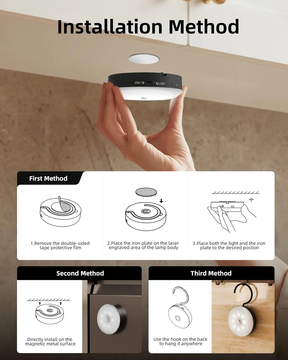 EZVALO Under Cabinet Lighting,1000mAh Rechargeable Puck Lights with Remote,3 Color Temps & 12 RGB Motion Sensor Closet Lights Indoor, Dimmable Under Counter Lights for Kitchen, Shelf Black (6 Packs)