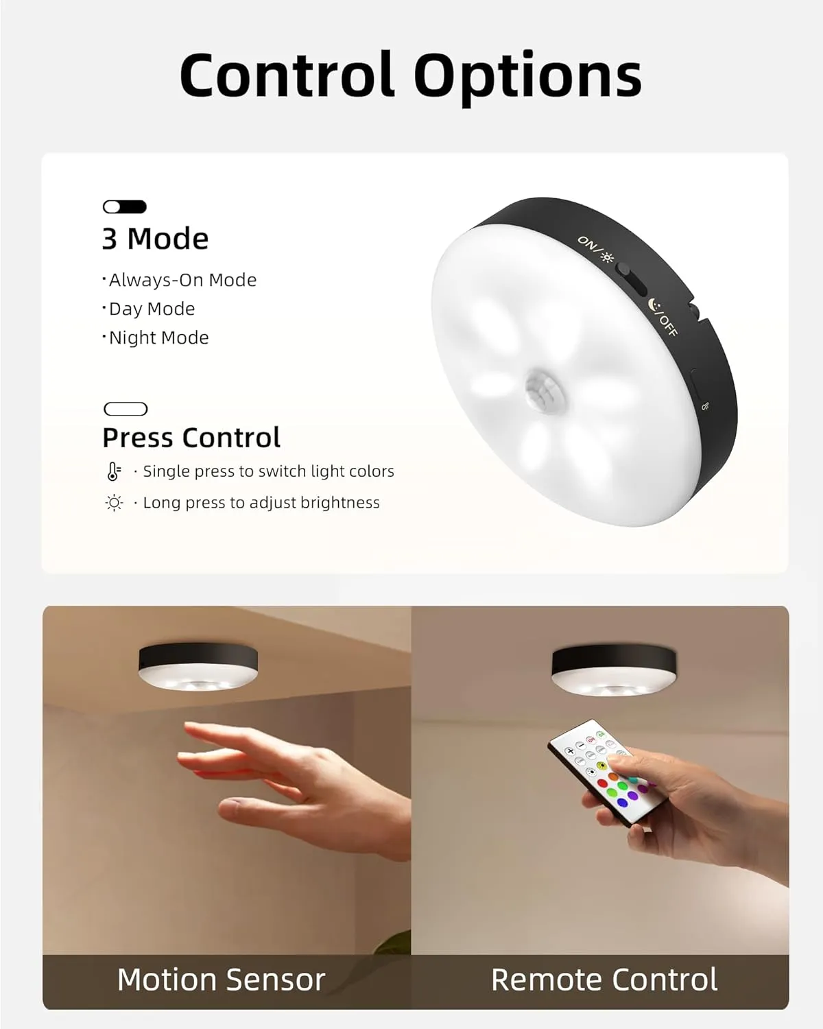 EZVALO Under Cabinet Lighting,1000mAh Rechargeable Puck Lights with Remote,3 Color Temps & 12 RGB Motion Sensor Closet Lights Indoor, Dimmable Under Counter Lights for Kitchen, Shelf Black (6 Packs)