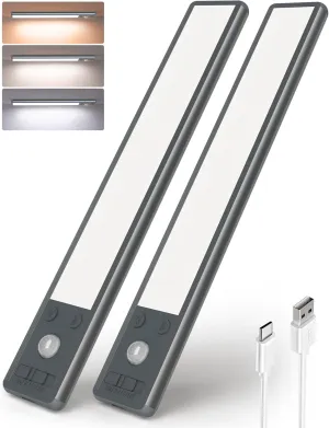 EZVALO Under Cabinet Lights, 1900mAh Rechargeable Motion Sensor Lights Indoor 3 Color Temps, 80 LED Closet Lights Wireless, Dimmable Under Counter Lights for Kitchen, Stairs, Hallway (2 Pack)
