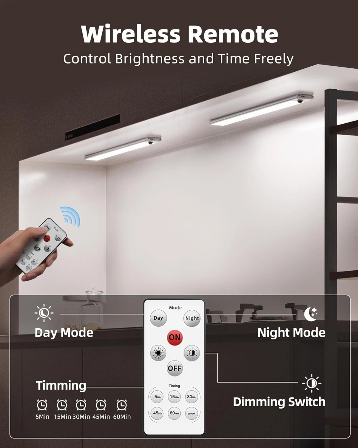 EZVALO Under Cabinet Lights, 66 LEDs Motion Sensor Light Indoor Dimmable, 4000mAh Rechargeable Closet Lights 5700K with Remote Control, Wireless Under Counter Light for Kitchen,Cabinet,Bedroom (2Pcs)