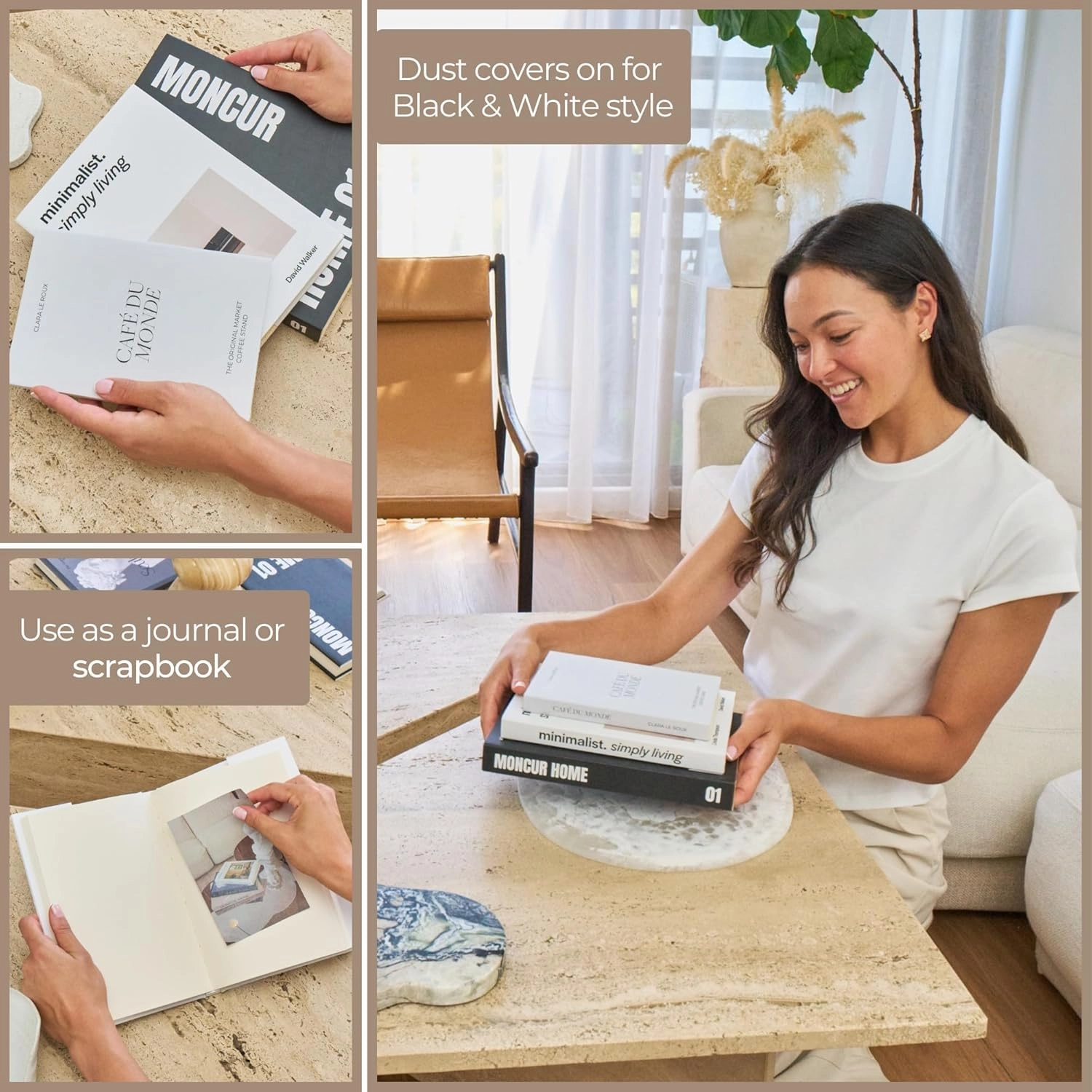 Fake Books for Decoration Set of 3 Coffee Table Books Neutral Beige Home Decor Black & White Coffee Table Removable Covers with Real Blank Pages Modern Aesthetic (Original Small) (Original)