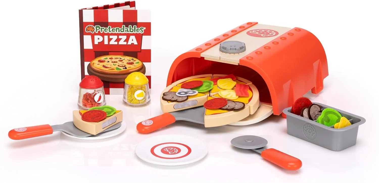 Fat Brain Toys Pretendables Backyard Pizza Oven Set, Kids Pretend Play Food Accessory with Storage, Pizza Play Set, 3 Years and Up