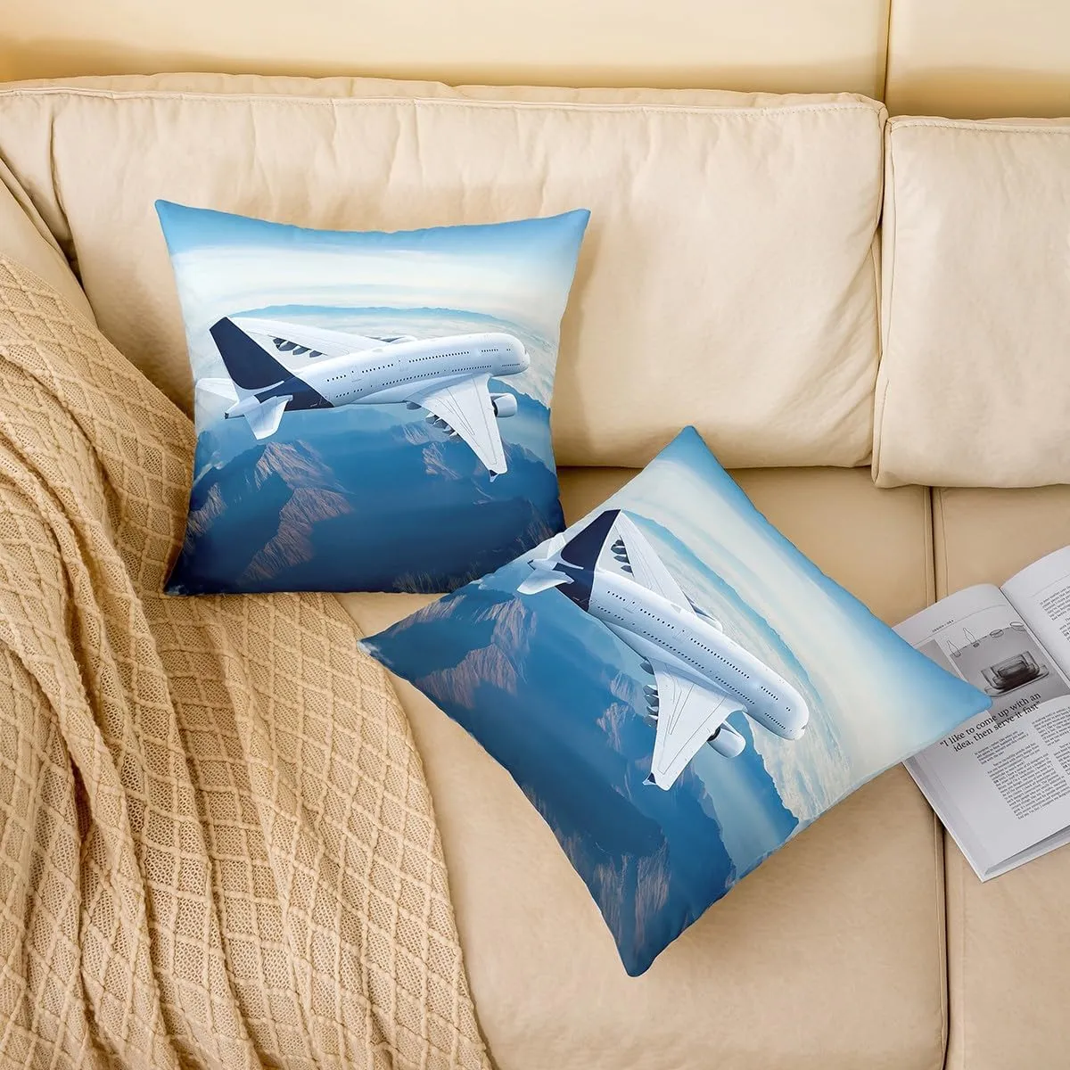 Feelyou Aircraft Throw Pillow Cover for Couch Sofa Bed, Airplane Print Decorative Pillows Cushion Cover,Aircraft Flying Blue Sky Helicopter Flying Plane Pillow Inserts Not Included,24x24 inch