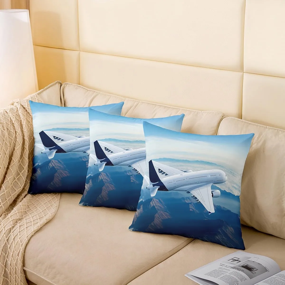Feelyou Aircraft Throw Pillow Cover for Couch Sofa Bed, Airplane Print Decorative Pillows Cushion Cover,Aircraft Flying Blue Sky Helicopter Flying Plane Pillow Inserts Not Included,24x24 inch