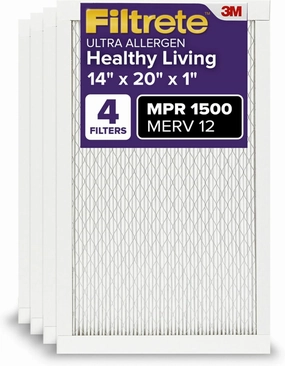 Filtrete 14x20x1 AC Furnace Air Filter, MERV 12, MPR 1500, CERTIFIED asthma & allergy friendly, 3 Month Pleated 1-Inch Electrostatic Air Cleaning Filter, 4-Pack (Actual Size 13.81x19.81x0.78 in)